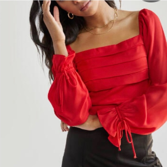 miami Tops - miami- Red Square-Neck Pleated Peasant Blouse Size M